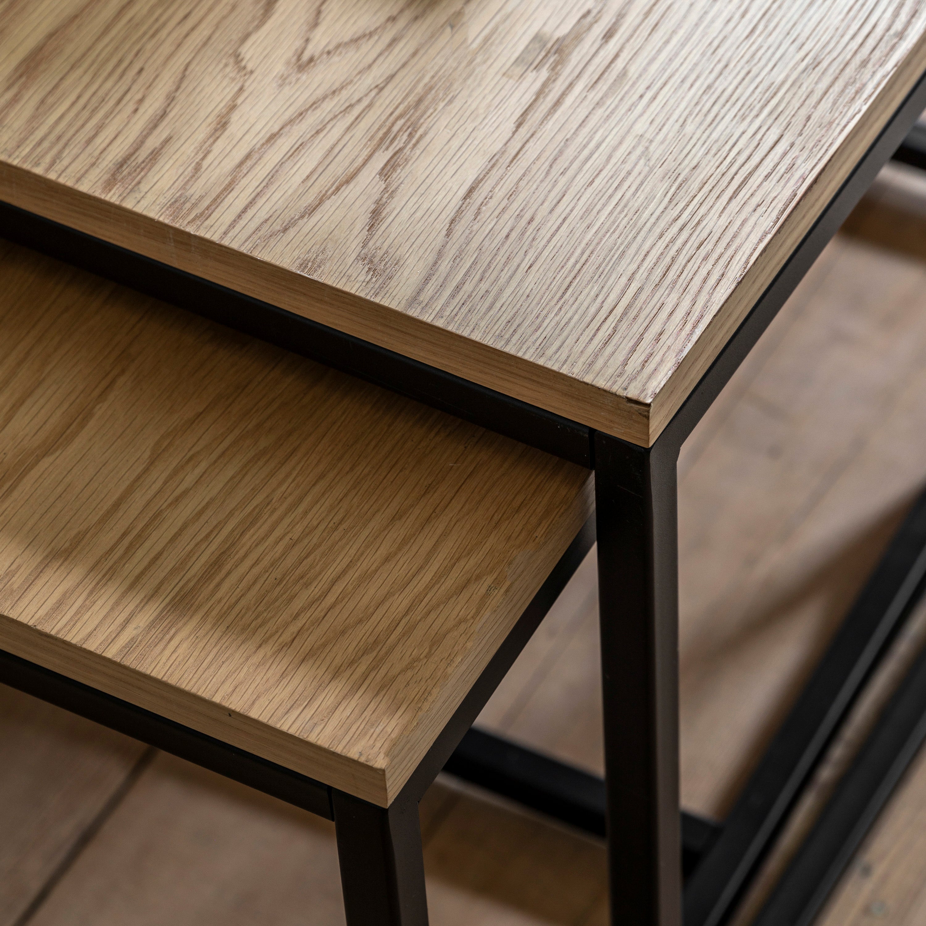 Bentley Natural Oak Wood & Matt Black Coffee Table Nest